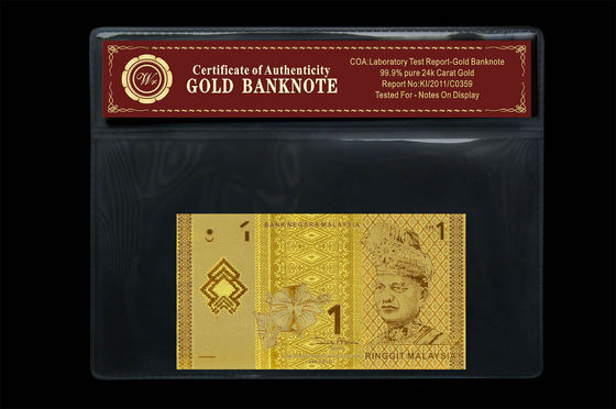 Nota magnífica Malasia 1 billete de banco del oro del ringgit 24k con el tenedor plástico