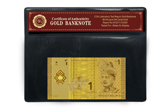 Nota magnífica Malasia 1 billete de banco del oro del ringgit 24k con el tenedor plástico