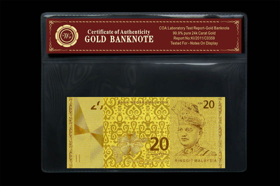 Ringgit de Malasia 20 grabado en relieve en 24 paquetes plásticos del tenedor del billete de banco puro del oro del quilate
