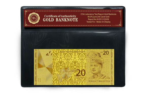 Ringgit de Malasia 20 grabado en relieve en 24 paquetes plásticos del tenedor del billete de banco puro del oro del quilate